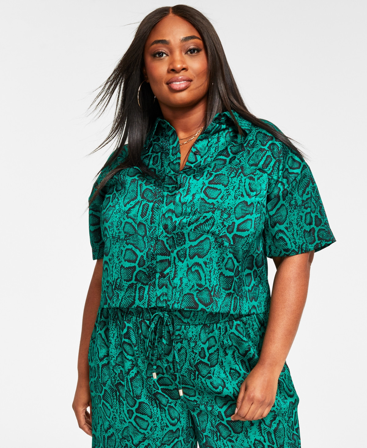 Nina Parker Trendy Plus Size Cropped Printed Satin Shirt | Macys (US)