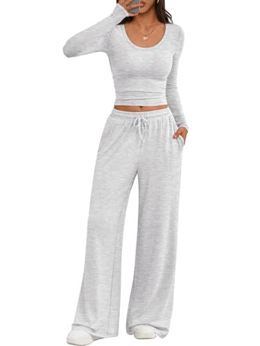 Trendy Queen Women 2 Piece Matching Lounge Sets Clothing Comfiest Wide Leg Pants 2025 Y2K Sweatsuits Fall Airport Outfit Light Grey M | Amazon (US)
