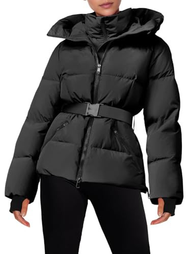 Fisoew Women Ski Jacket Warm Hooded Insulated Waterproof Quilted Puffy Mountain Snow Winter Coat with Belt | Amazon (US)