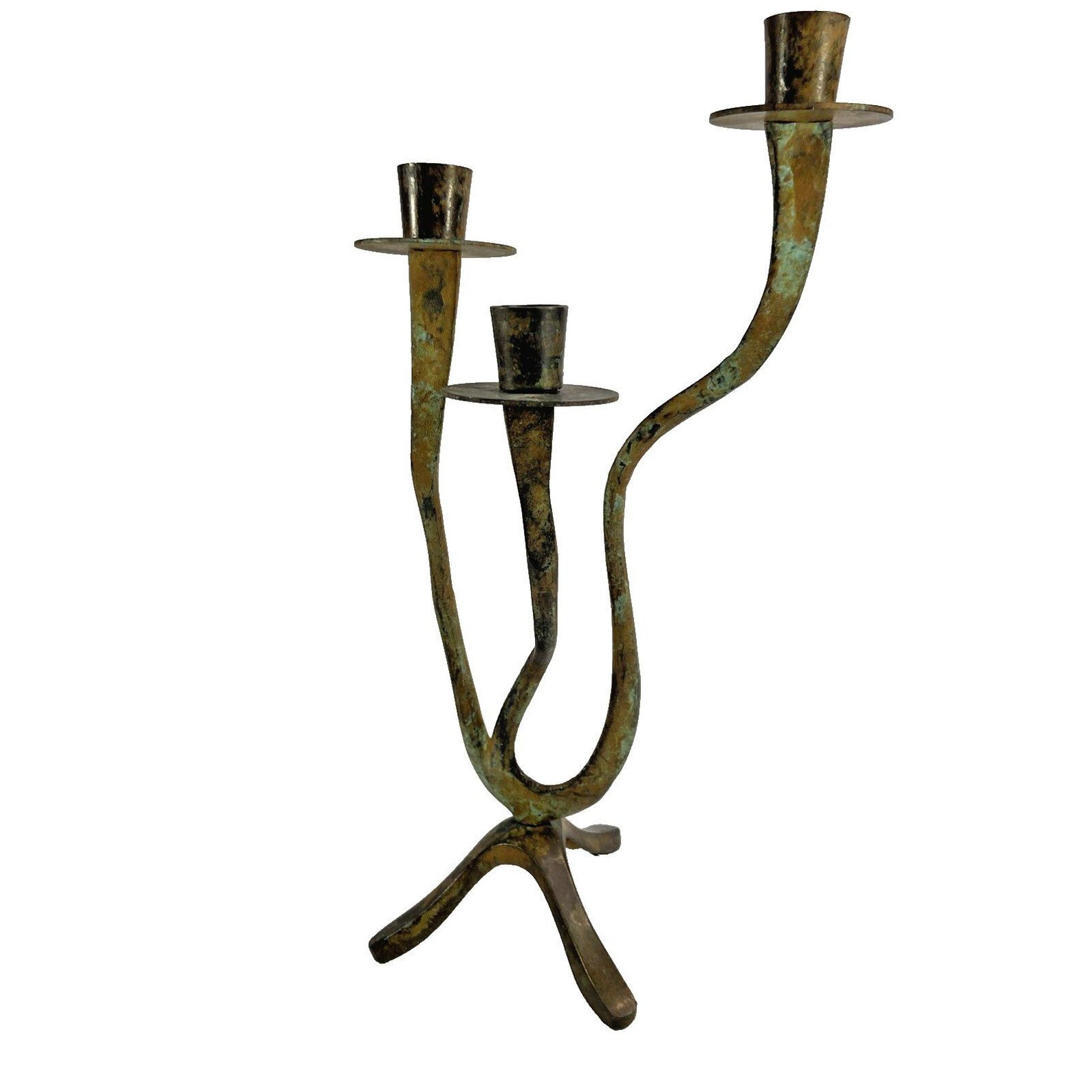 Candle Holder 3 Arm Asymmetrical Hand Made Brutalist Metal Patina 11 3/8" In - Etsy | Etsy (US)