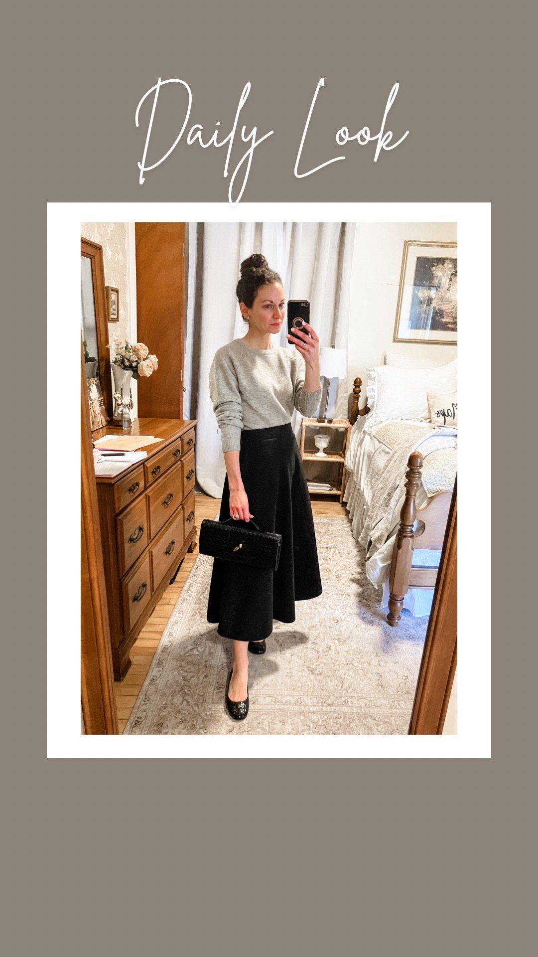 A Parisian chic spring look!
Grey yak wool sweater from Quince. 
Black skirt from Amazon. 
Black handbag from Chicwish. 
Black ballet flats are old from Tory Burch, linking similar. 
Petite outfit. Neutral outfit. Modest outfit. Parisian outfit  

#LTKdayinmylife #LTKootd #LTKgrwm