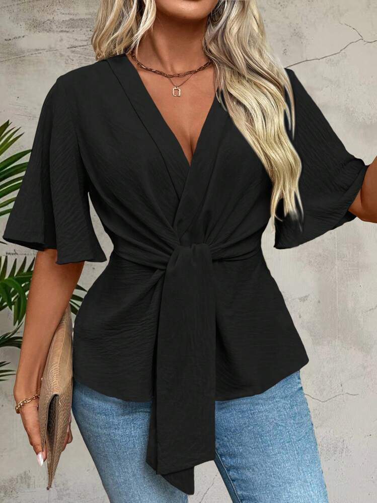 SHEIN Relaxiva Plus Size Vacation Casual Solid Color Bell Sleeve Shirt With Cinched Waist | SHEIN