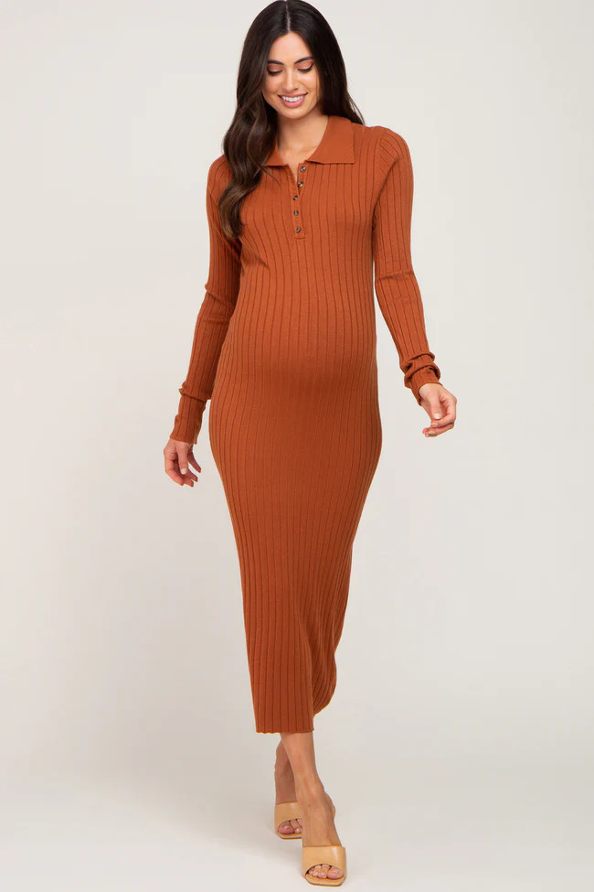 Rust Ribbed Knit Long Sleeve Collared Maternity Midi Dress | PinkBlush Maternity