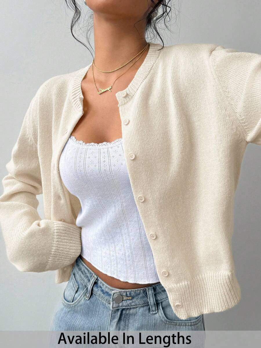 SHEIN Tall CURVE Plus Size Apricot Soft Form Normal Business Casual Everyday Autumn Solid Color Round Neck Long Sleeve Loose Cropped Women Sweater Cardigan Shrug | SHEIN