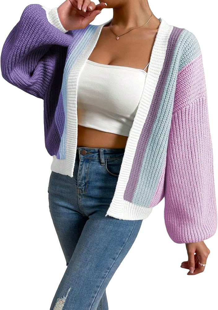SHENHE Women's Color Block Open Front Long Sleeve Ribbed Knit Cropped Cardigan Sweaters | Amazon (US)