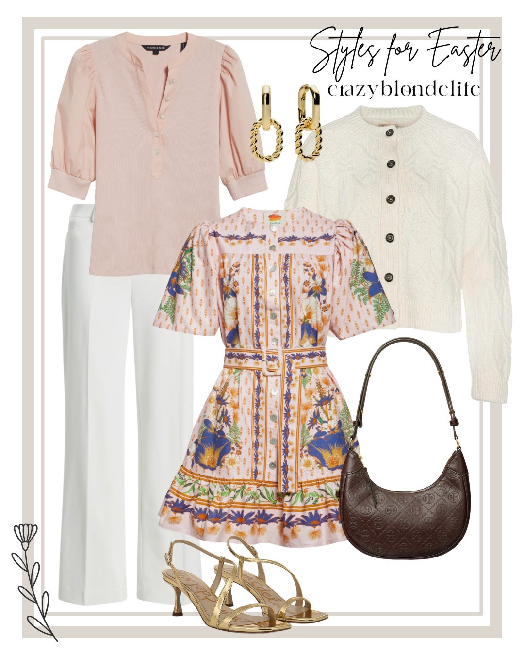 Easter Outfit Inspiration! A pink blouse, white pants, and a stunning floral dress are all great for spring. The brown satchel handbag adds a nice contrast, and the white cardigan is a stylish layering option. Gold accessories complete the look!

#LTKSeasonal #LTKItBag #LTKU