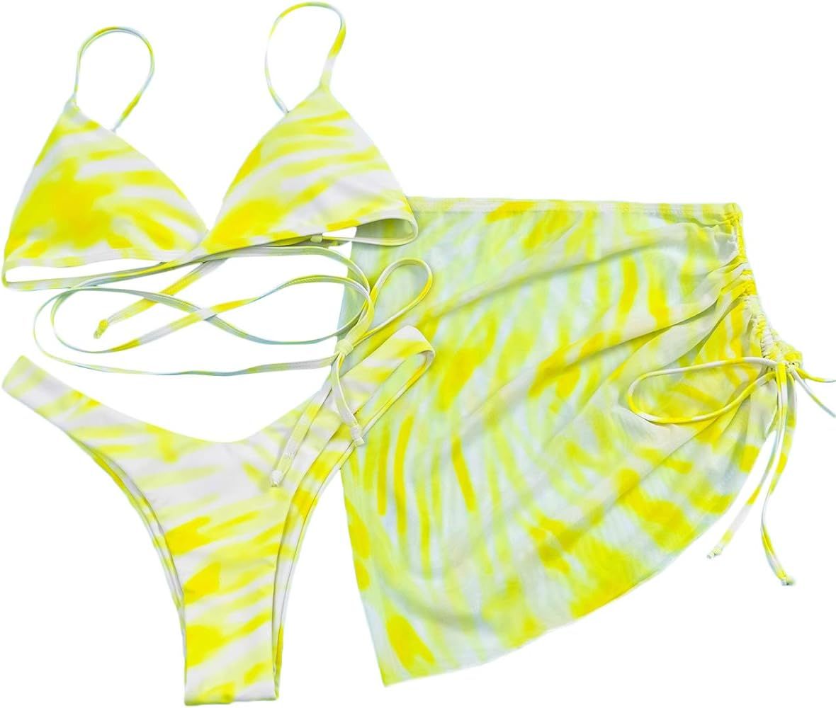 Women's Tie Dye Wrap Bikini Bathing Suits with Mesh Beach Skirt 3 Piece Swimsuits | Amazon (US)