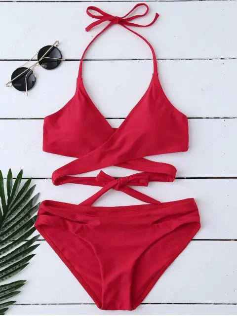 ZAFUL Halter Cut Out Wrap Bikini Set - Red S | ZAFUL (Global)