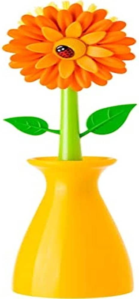 Vigar Flower Power Orange Dish Brush with Vase, 10-Inches, Orange, Green | Amazon (US)