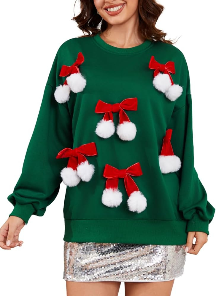 Christmas Bow Sweatshirt For Women, Crewneck Fuzzy Ball Ugly Xmas Sweater, Cute Holiday Christmas... | Amazon (US)