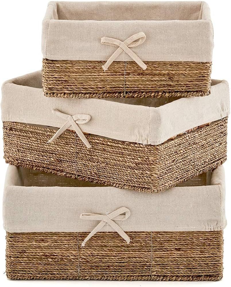 EZOWare Natural Seagrass Woven Baskets, Set of 3 Rectangular Gift Baskets Empty, Storage Organize... | Amazon (US)