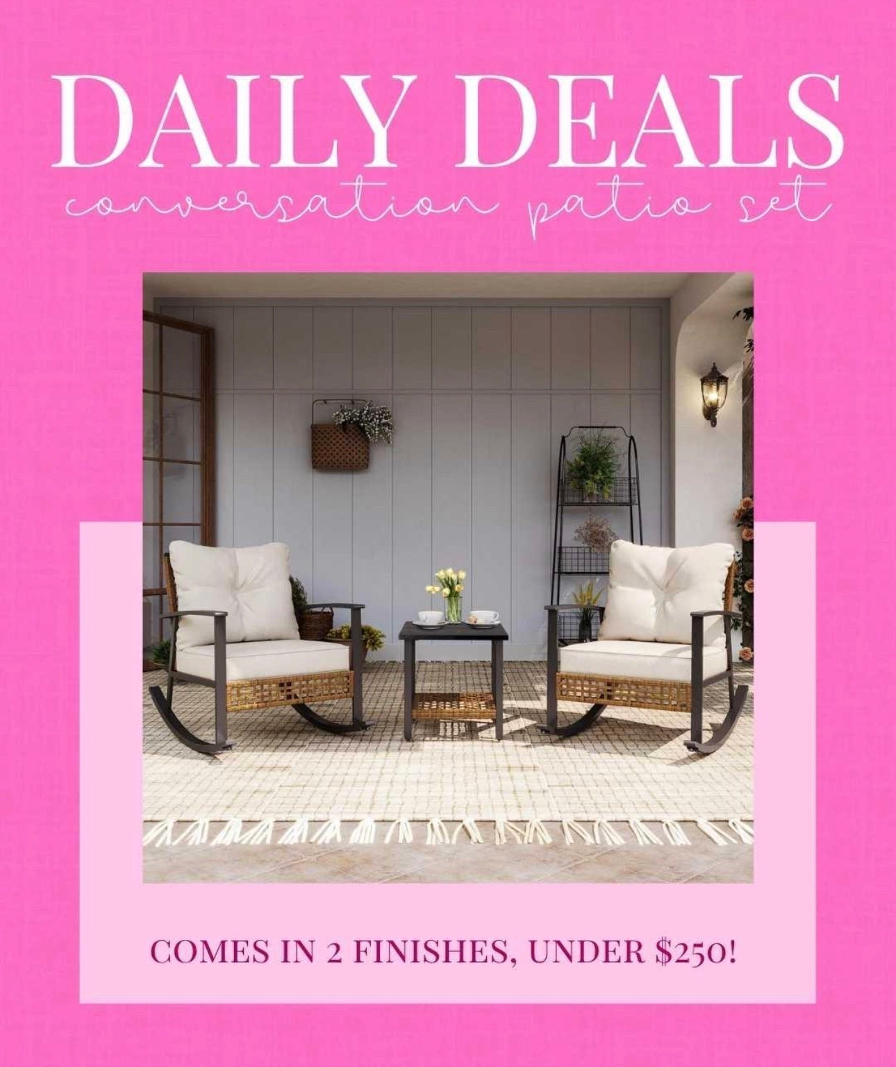 These patio conversation sets are SUCH a good deal! I found a few under $200, multiple color options! They're great for a small space or to add onto your current set! 


patio furniture, conversation set, patio set, outdoor set, outdoor furniture, deck furniture, patio style, home updates, home decor  

 #LTKHome #LTKSaleAlert
#LTKSaleAlert #LTKHome

#LTKHome #LTKmorningroutine