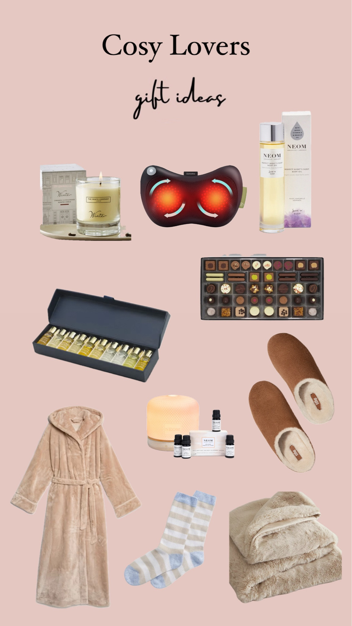 Gifts to get cosy with 😌

Scented candles 
Bath oil
Dressing gown 
Chocolates 
Slippers
Diffuser pod 

#LTKwinter #LTKgiftguide #LTKluxury