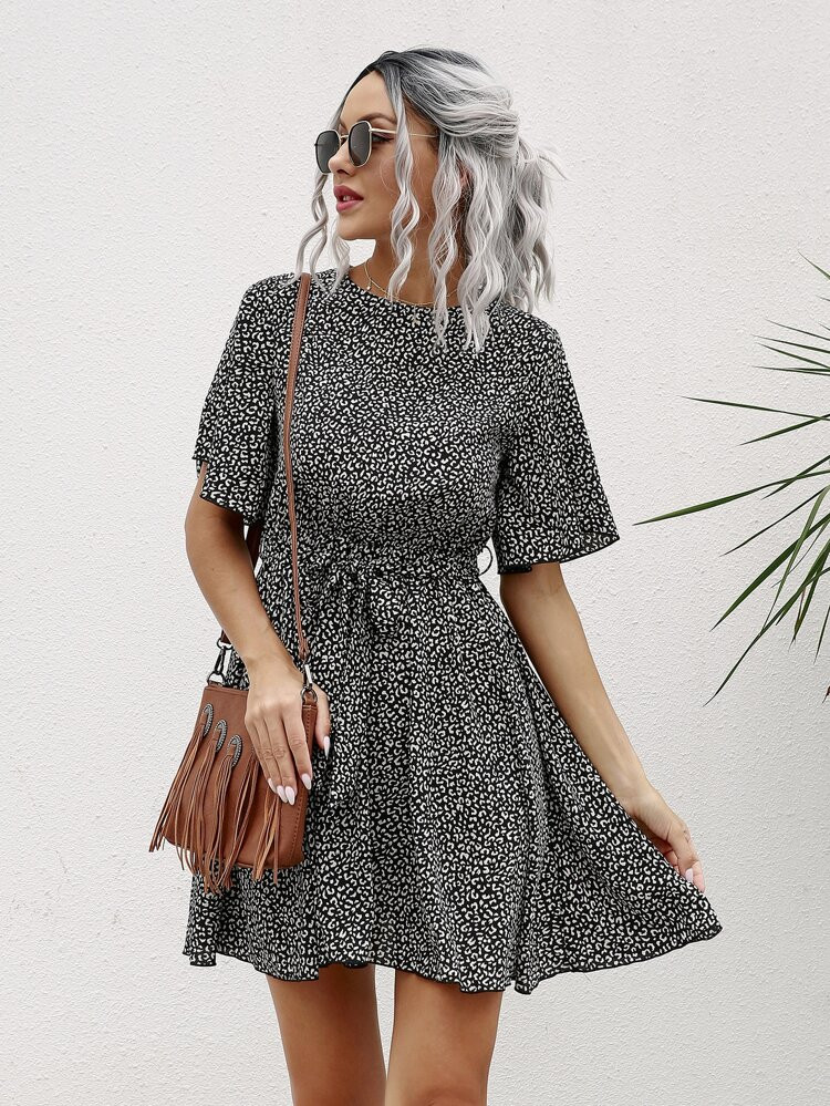 Allover Print Belted A-line Dress | SHEIN