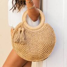 LocalWomen's Summer Casual Large Capacity Circle Round Rattan Tassel Carry All Straw Woven Rattan... | SHEIN