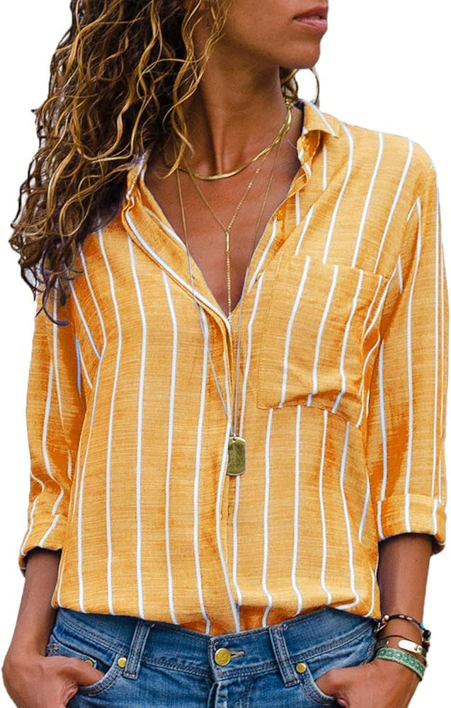MissLook Women's Stripes Button Down Shirts Roll-up Sleeve Tops V Neck Casual Work Blouses | Amazon (US)