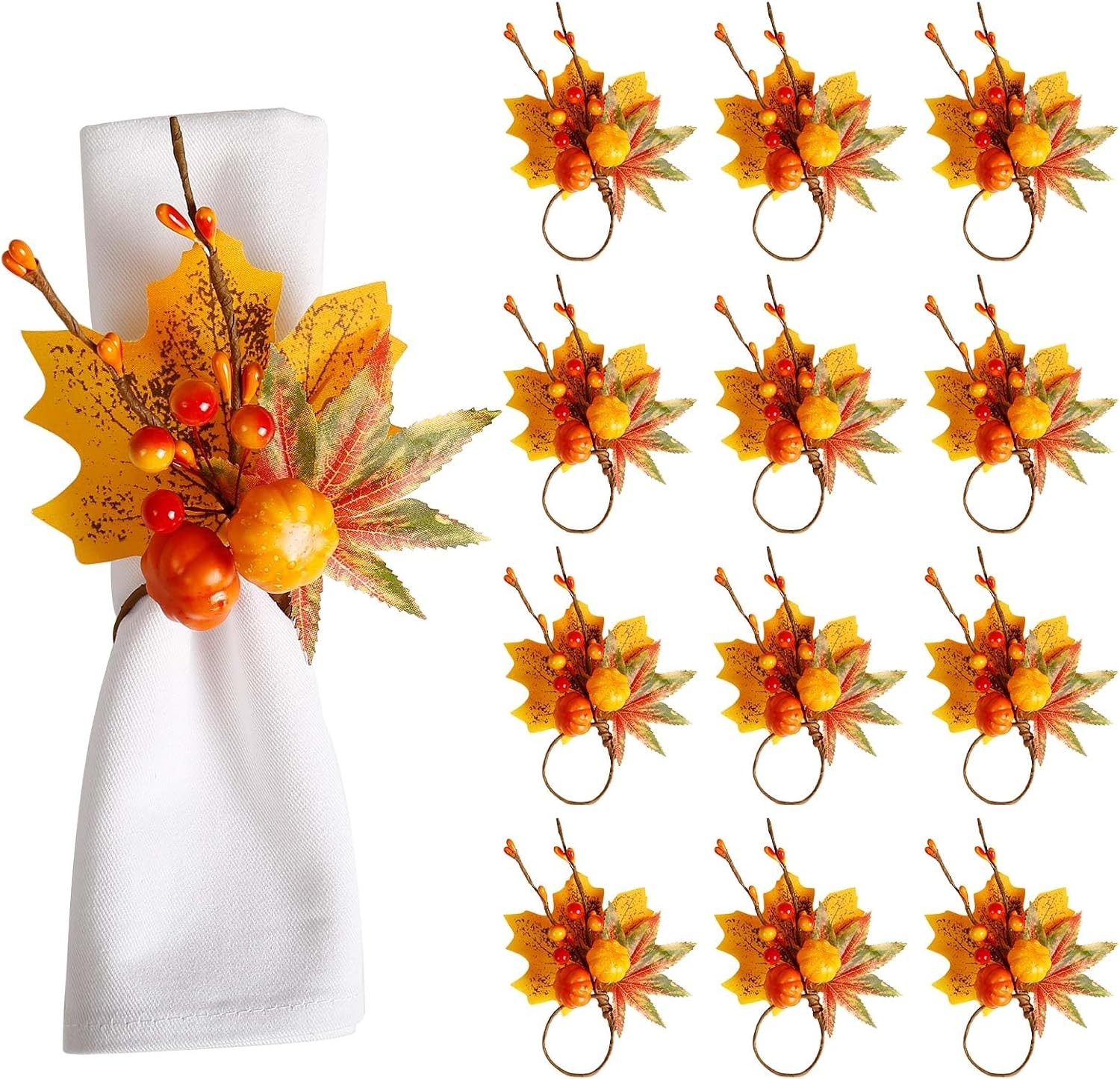 Maple Leaf Napkin Rings Set of 12, Thanksgiving Fall Pumpkin Napkin Holder Rustic Napkin Rings for Thanksgiving Party Banquet Kitchen Table Celebration | Amazon (US)