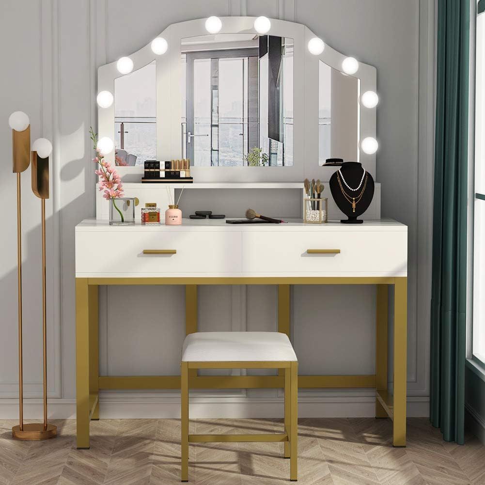 Tribesigns 47” Large Vanity Set with Tri-Folding Lighted Mirror, Elegant Makeup Table Vanity Dr... | Amazon (US)