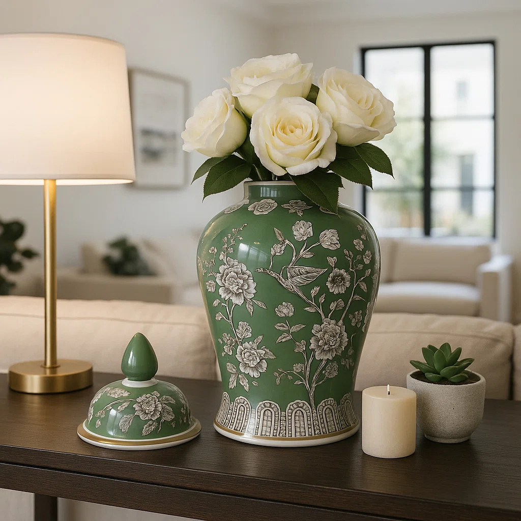Decorative Bird And Flower Temple Jar With Lid -  Tall Home Decor Accent For Coffee Table - Versa... | Wayfair North America