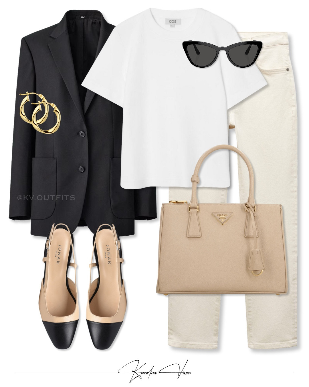 OOTD Simple staples, elevated 🤍🖤

Black blazer, white t-shirt, light beige slim jeans, beige and black leather slingback flats, beige leather bag. 

Blazer - Uniqlo
Top - COS
Jeans - Mango
Shoes - Jonak
Bag - Prada
Sunglasses - Prada

Tags: black blazer uniqlo white t-shirt cos light beige jeans mango prada galleria medium sand beige black and beige two tone flat leather slingbacks jonak black sunglasses small gold hoop earrings daily look ootd workwear officewear work outfit elevated basics office outfit timeless style summer outfit 

#LTKstyletip #LTKsummer #LTKworkwear