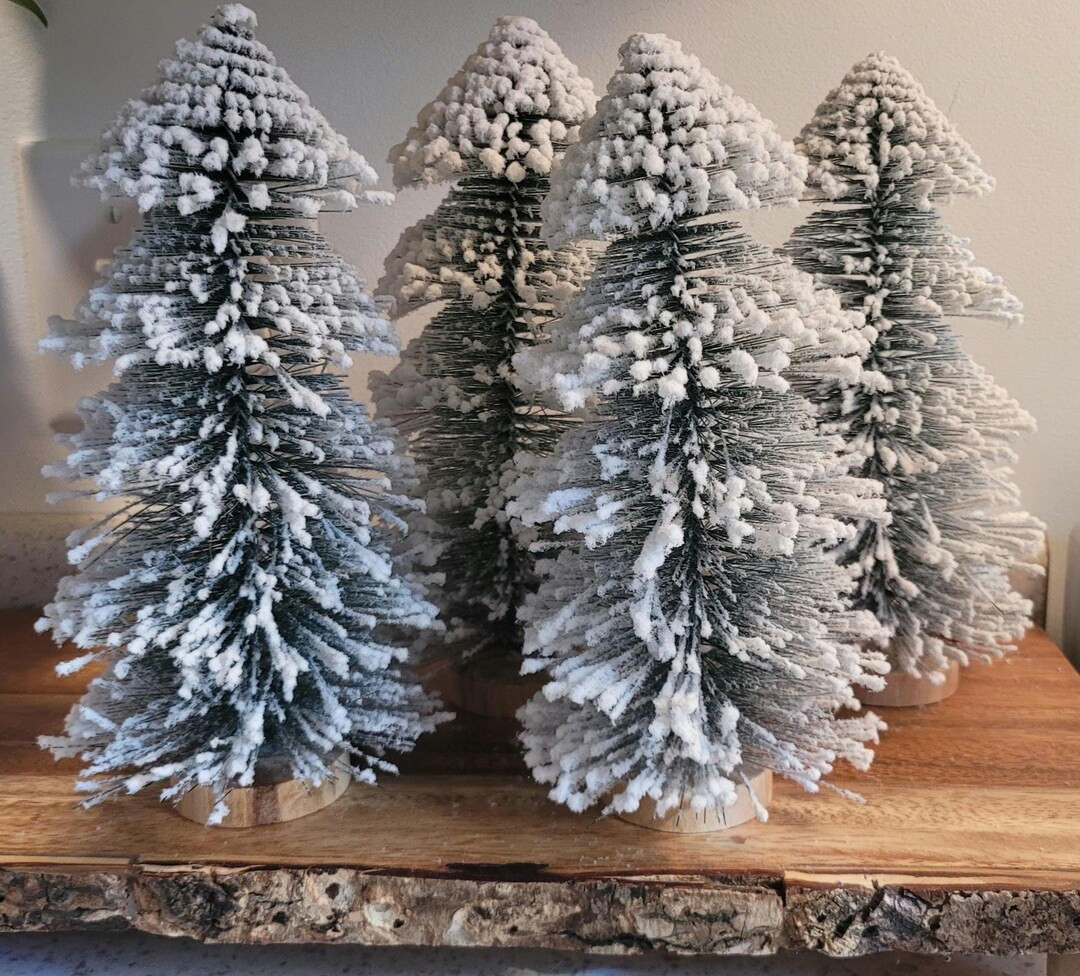 9 Christmas Heavy Flocked Bottle Brush snowy White Green Tree Tiered Tray Decor Villages Home Hol... | Etsy (US)