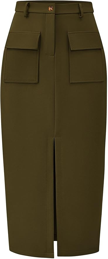 KIRUNDO Women's High Waisted Cargo Midi Skirt Trendy Summer Pencil Slit Dressy Casual Business Wo... | Amazon (US)