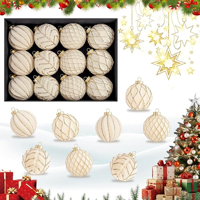 12PCS Velvet Christmas Ornaments - Christmas Balls Ornaments - 80mm Glitter Christmas Tree Decora... | Amazon (US)