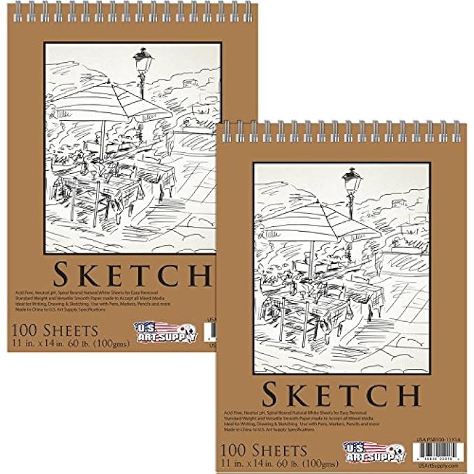 U.S. Art Supply 11" x 14" Premium Spiral Bound Sketch Pad, Pad of 100-Sheets, 60 Pound (100gsm) (Pac | Amazon (US)
