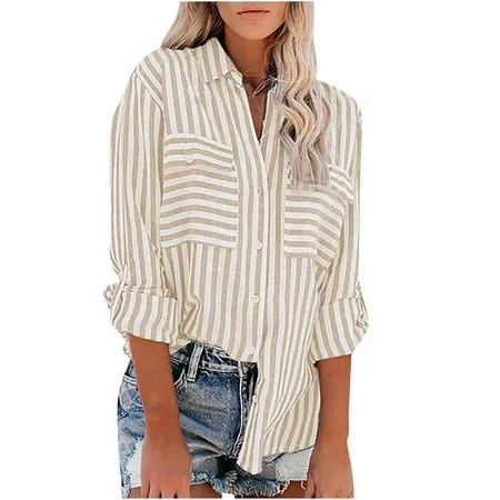 Women's Striped Button Down Shirts Long Sleeve with Pocket Lightweight Casual Cotton Linen Fall Spring Tops, Khaki,Large | Walmart (US)