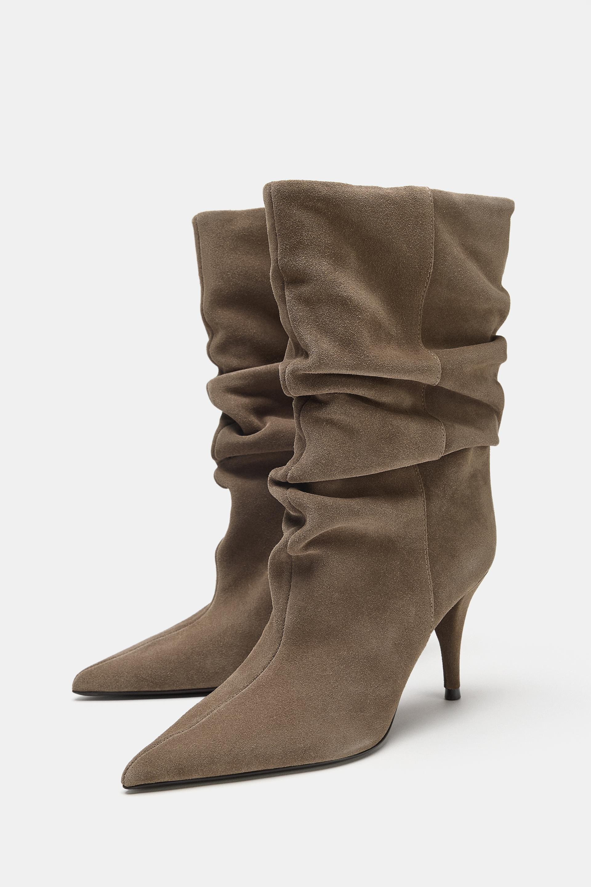 Zara - Suede Gathered High-Heel Boots - Taupe Gray - 11 - Woman | Zara US