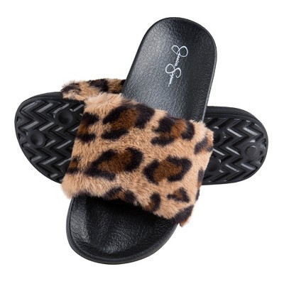 Jessica Simpson Womens Fuzzy Open Toe Slide Slipper - Leopard/Small | Target