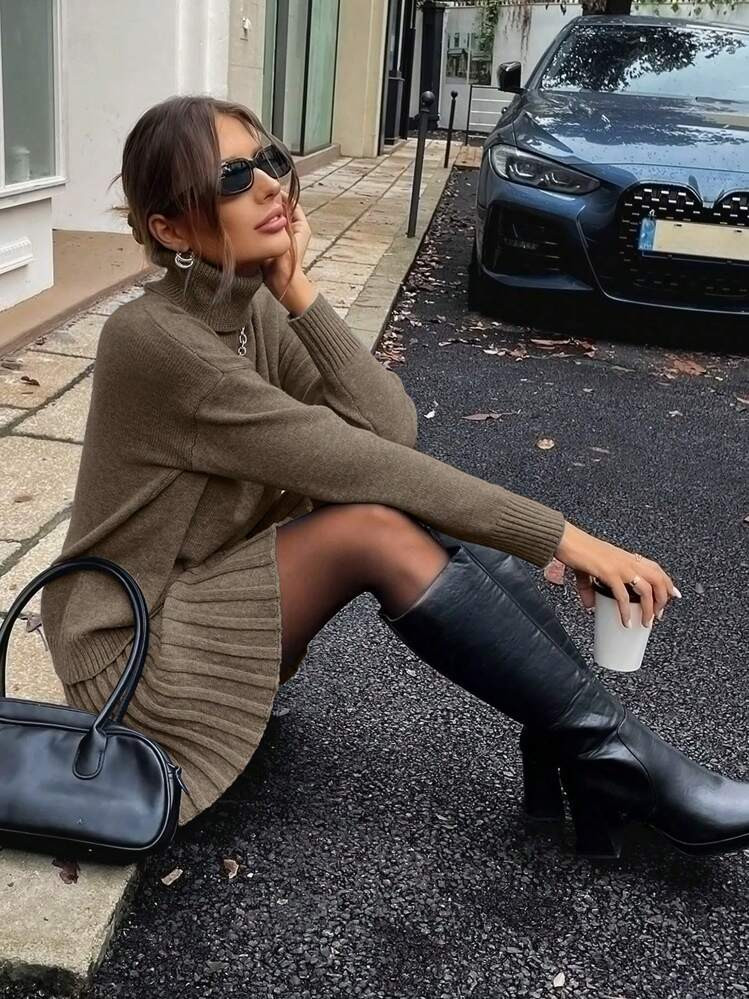 EMERY ROSE 2-Delige Set Effen Hoge Kraag Lange Mouw Trui En Geplooide Rok, Elegant | SHEIN