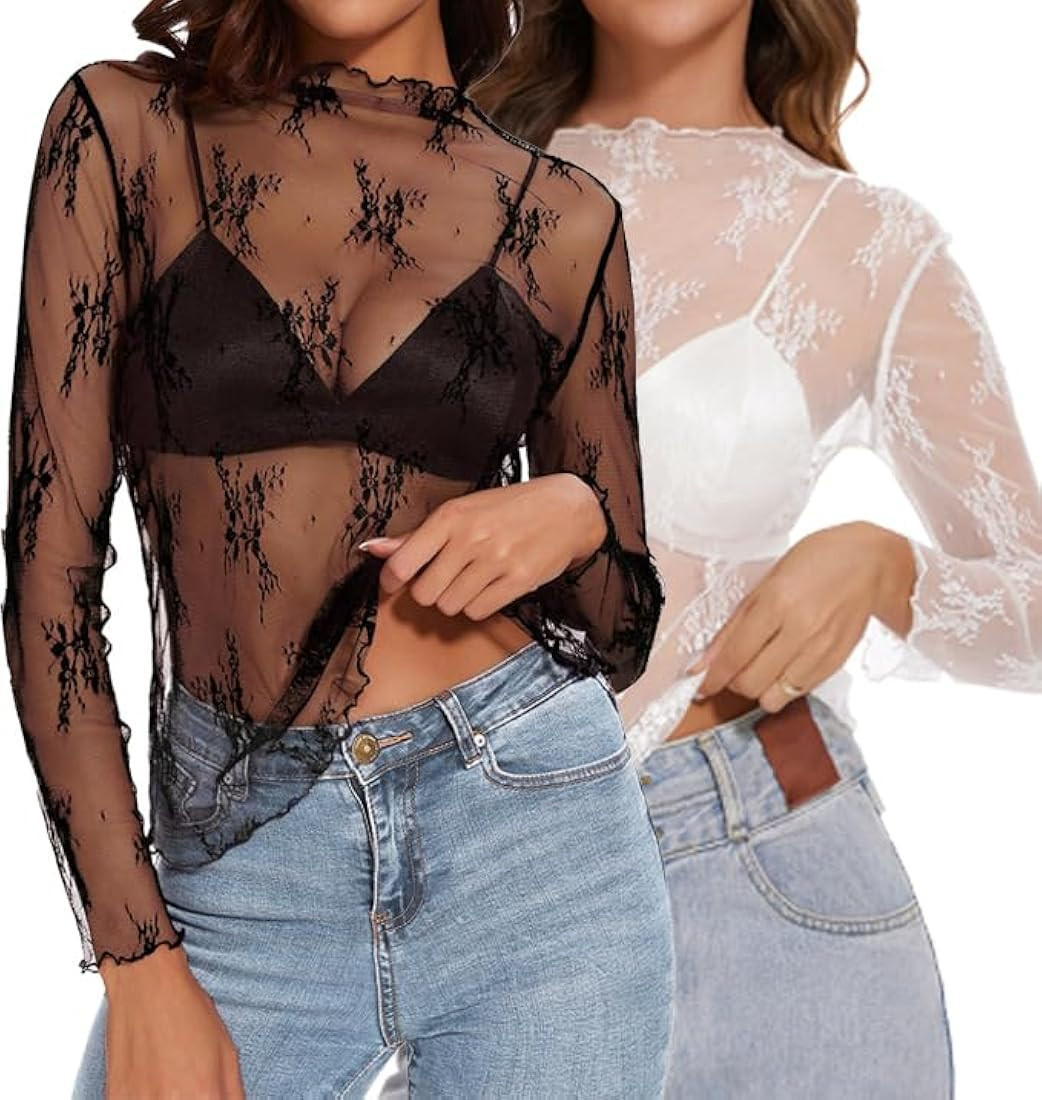 Womens Lace Mesh Long Sleeve Top Floral Sheer See Through Sexy Tops Mock Neck Shirts Party Club N... | Amazon (US)