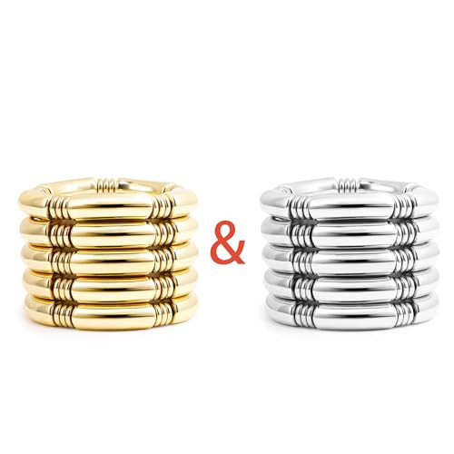 Gold Chunky Bangles Bracelets For Women 14k Gold Plated Stack Layered Curved Bamboo Tube Stretch Bracelets Gift Jewelry | Amazon (US)