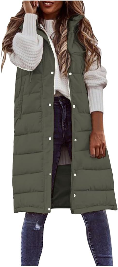 Suhorseful Women's Long Puffer Vest Jacket Sleveless Hoodies Full Zipper Sleeveless Down Coats Th... | Amazon (US)