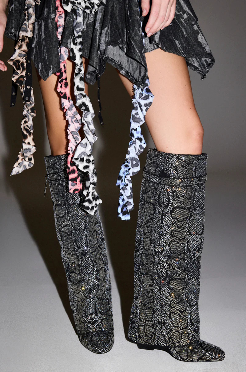 AZALEA WANG CAPRICORN RHINESTONE SNAKE PATTERN WEDGE FOLD OVER BOOT | AKIRA