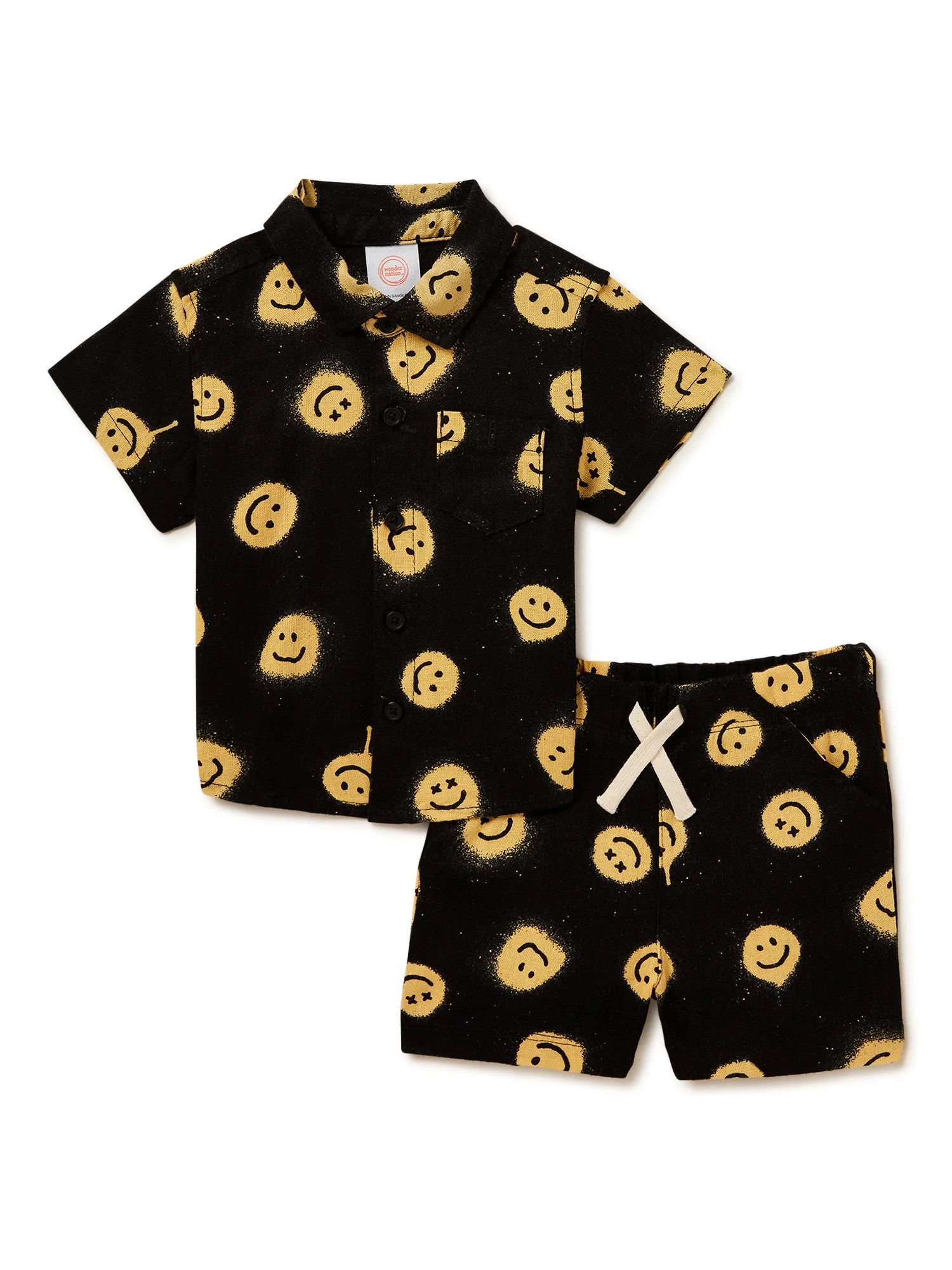 Wonder Nation Baby Boys Smiley Button Down Shirt and Shorts, 2-Piece Resort Set, Sizes 0-24 Month... | Walmart (US)
