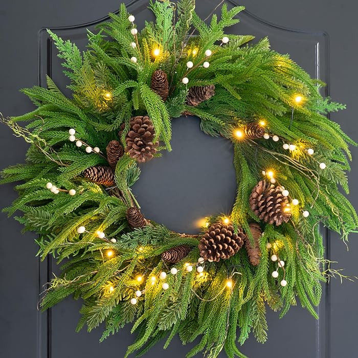 Prelit Christmas Wreaths for Front Door 24 Inch- Real Touch Norfolk Pine Wreath with Lights,Green... | Amazon (US)