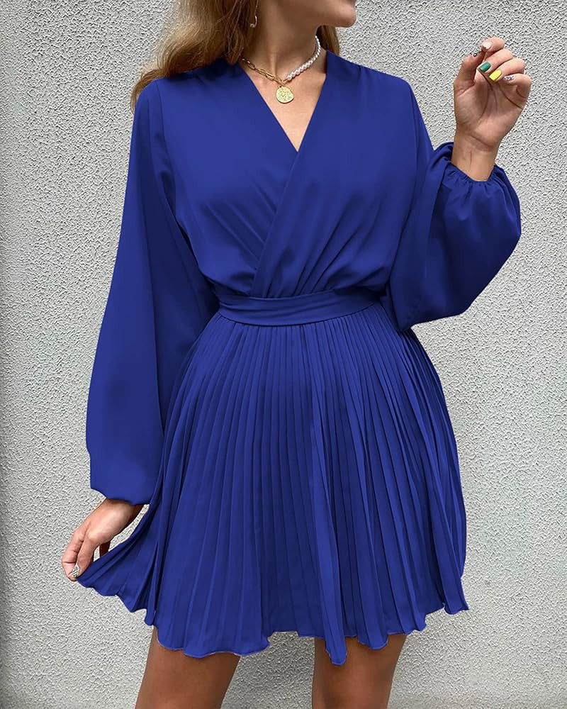 BTFBM Women 2023 Summer Casual Dresses Boho Wrap V Neck Puff Long Sleeve Beach Cocktail Flowy Pleate | Amazon (US)