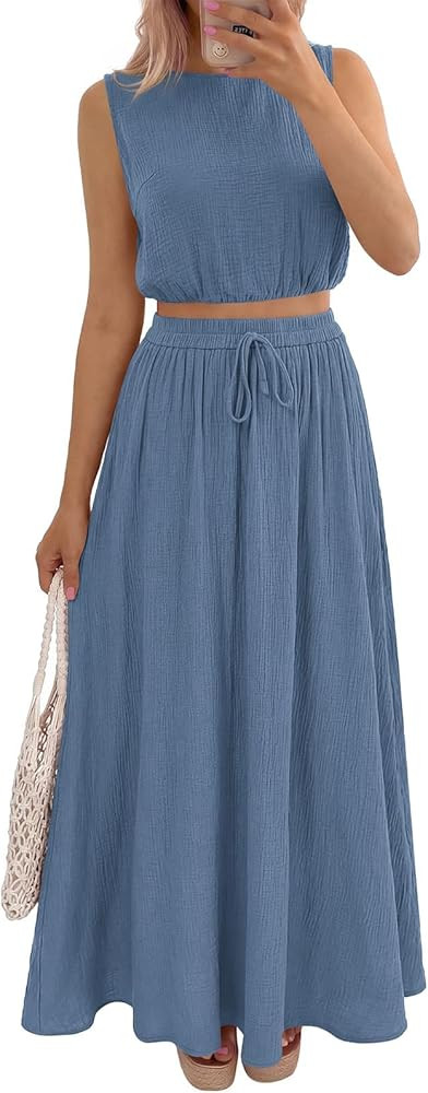 PRETTYGARDEN 2 Piece Sets for Women Summer Outfits 2026 Fashion Cotton Sleeveless Crop Top Long M... | Amazon (US)