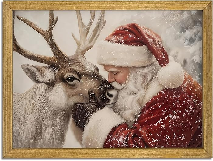 Vintage Christmas Wall Art, Santa Claus Reindeer Canvas Wall Decor Painting, Rustic Winter Painti... | Amazon (US)