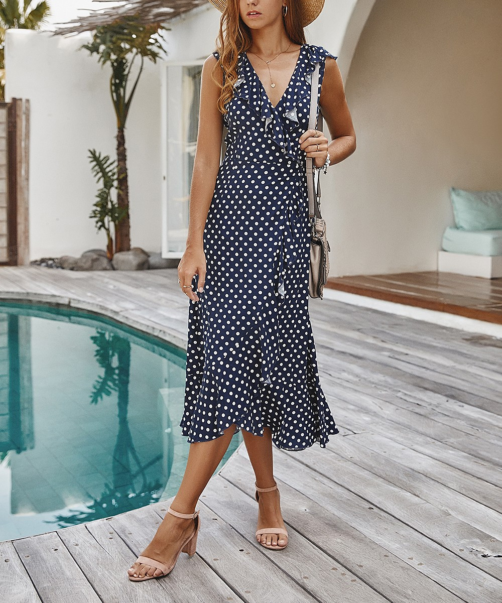 Gaovot Women's Casual Dresses navy - Navy Blue & White Polka Dot Ruffle-Trim Midi Dress - Women | Zulily