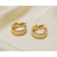 Gold Cz Open Hoop Earring, Baguette Hoop Earrings, Wide Hoop, Paved Hoops, Baguette Earring E026 | Etsy (US)
