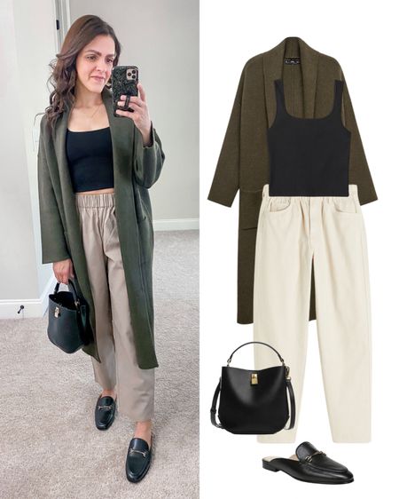 Transitional outfit idea to wear from Summer to Fall | black tank, olive long coat, pull on trouser pant, black mules, mini shopper bag (all fit tts). 

#LTKstyletip