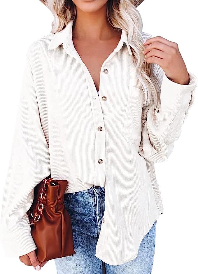 Yowivon White Shacket Corduroy Jacket Women Oversized Button Down Shirts Long Sleeve Fall Clothes... | Amazon (US)