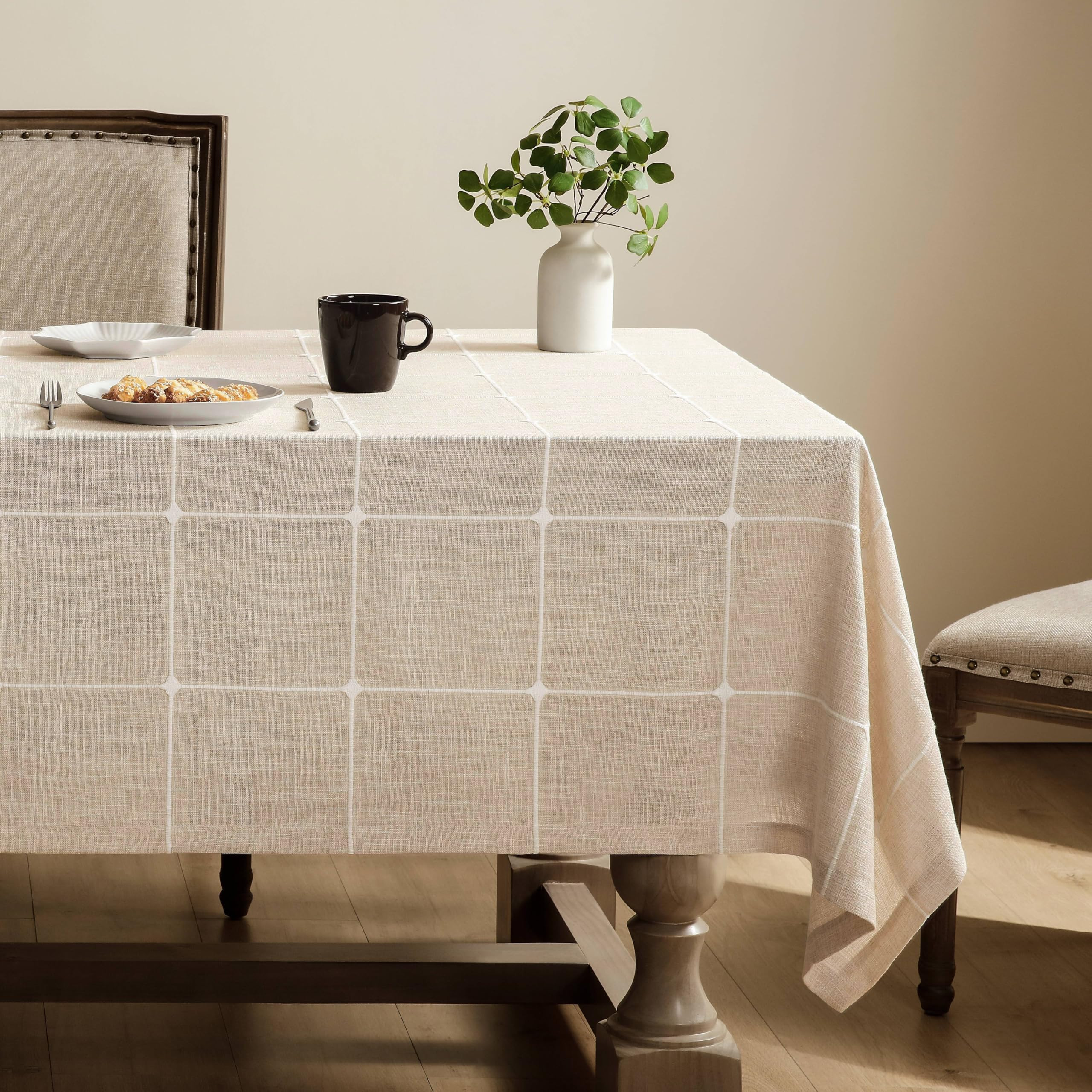 ZeeMart Grid Embroidered Hemmed Tablecloths, Light Tan 60x104 Inch, Farmhouse Style Heavy Weight ... | Amazon (US)