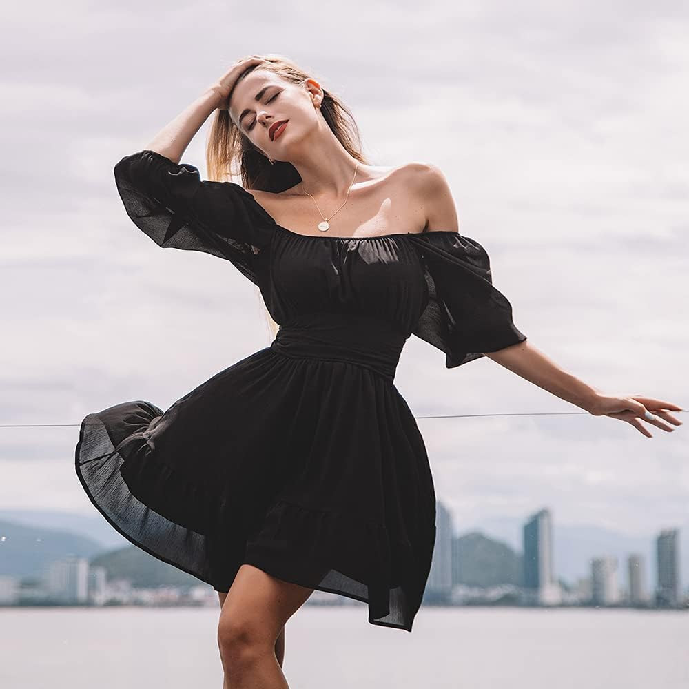 EXLURA Women's Lantern Sleeve Tie Back Dress Ruffled Off Shoulder A-Line Vintage Mini Dress | Amazon (US)