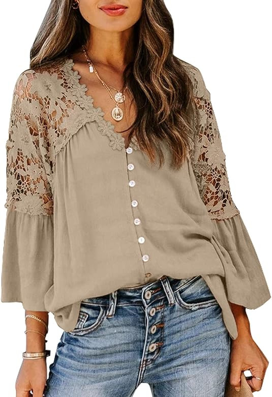 Canikat Women's V Neck Lace Crochet Flowy Bell Sleeve Button Down Casual T Shirts Blouses Tops | Amazon (US)