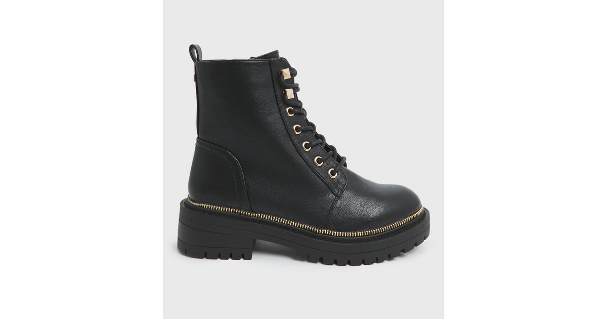 Black Leather-Look Zip Trim Lace Up Chunky Boots
						
						Add to Saved Items
						Remove fro... | New Look (UK)