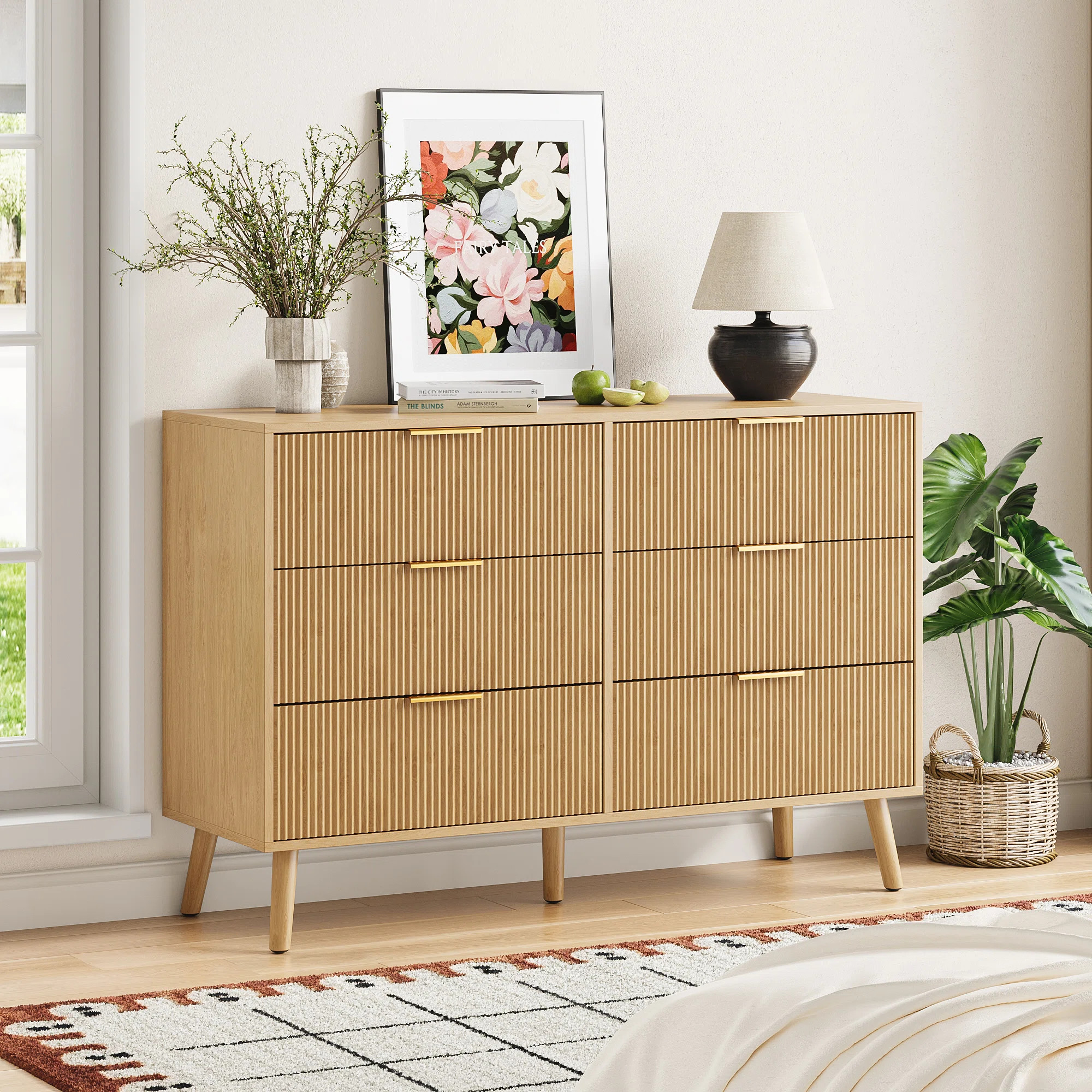 George Oliver Avalie Boho Fluted Dresser with Wave Pattern Drawer, Wood 6 Drawer Bedroom Dresser ... | Wayfair North America